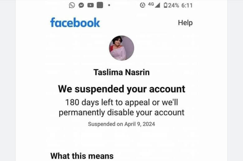 Taslima Nasrin Showing Suspend on Her Facebook Account