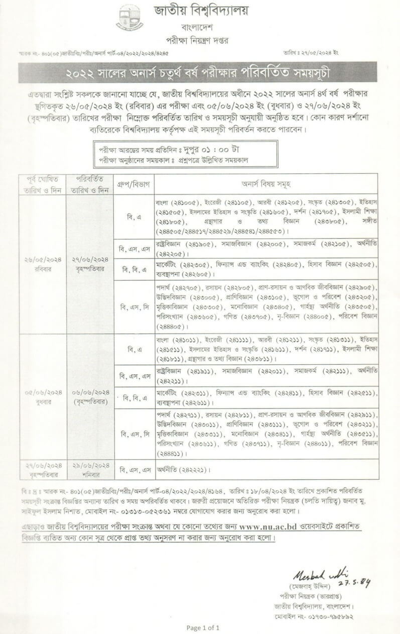 Honours 4th Year Exam Routine 2024 New Date